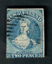 NEW ZEALAND 1855 Full Face Queen 2d Dull Deep Blue. White paper. No watermark. Two margins, cut along the frame on the other two