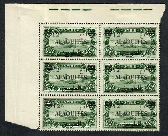 ALAOUITES 1926 Definitive Surcharge 12p on 1p25 Green. Corner block with missing Arab Period.  Minor faults affect the reverse.