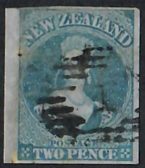 NEW ZEALAND 1855 Full Face Queen 2d Blue on blued paper.  Imperf. Perfect four margins. Postmark detracts. - 60017 - Used