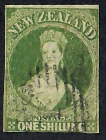 NEW ZEALAND 1855 Full Face Queen 1/- Green. Imperf. Almost 4 margins. Good rich colour. Light postmark. - 60077 - FU