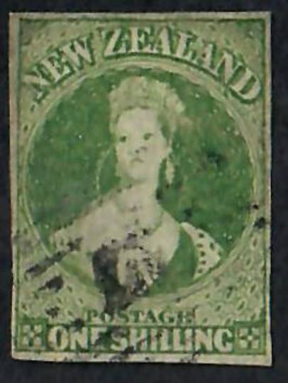 NEW ZEALAND 1855 Full Face Queen 1/- Dull Green. Imperf. 4 margins. Postmark well clear of face. - 60078 - FU