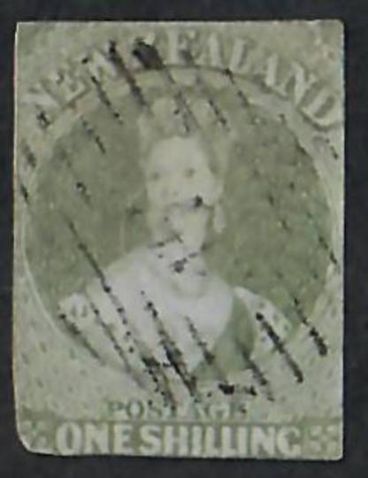 NEW ZEALAND 1855 Full Face Queen 1/- Green on blued paper.  Imperf. Cut square but touching all round. Attractive postmark. - 60