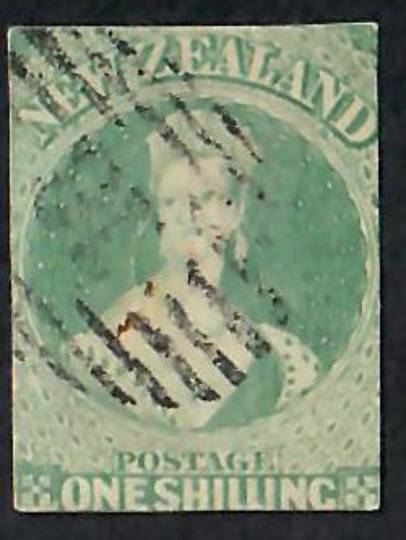 NEW ZEALAND 1855 Full Face Queen 1/- Green. Imperf. No watermark. Cut along the frame lines all round. Fine postmark. - 60082 -