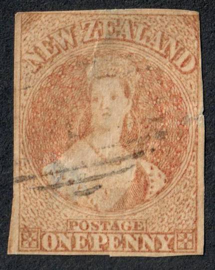 NEW ZEALAND 1855 Full Face Queen 1d Red. Imperf. No Watermark. Richardson print. Cut square. Four margins.Very light postmark. -