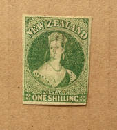 NEW ZEALAND 1855 Full Face Queen 1/- Green. Imperf. 4 large margins except touching at lower right. Very light cancel. - 75056 -