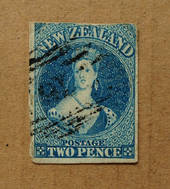 NEW ZEALAND 1855 Full Face Queen 2d Blue on white paper with no watermark. Three margins. Frame line sketchy at top. Three exper