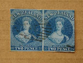 NEW ZEALAND 1855 Full Face Queen 2d Blue on blue. Imperf. Pair (one with full margins. Light cancel off face. Excellent item. -