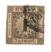 BADEN 1851 Definitive 1kr Black on buff. Mostly four margins but touching at the bottom where there is a slight thin. Outer fram