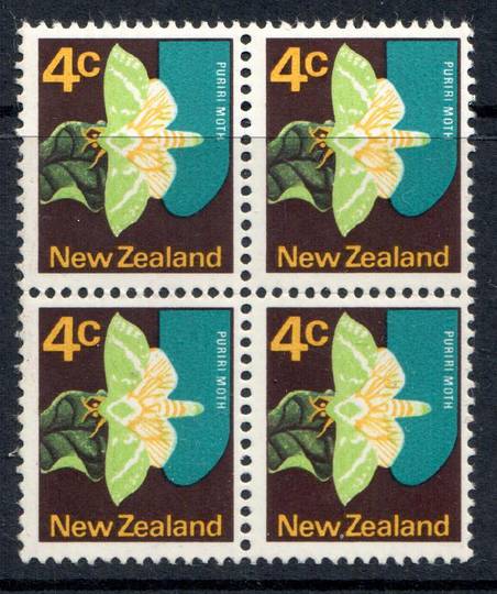 NEW ZEALAND 1970 Pictorial 4c Puriri Moth with the Deep Green colour (the wing veins) missing. Block of 4. Not priced by CP in m