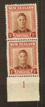 NEW ZEALAND 1947 Geo 6th Definitive 1/- Red-Brown and Claret. Vertical Pair Row 15/2 and 16/2. Flaw left cheek and in the E of R