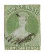 NEW ZEALAND 1855 Full Face Queen 1/- Green. No watermark. Blued paper. Cancel off the portriat. Cut square close (along the fram