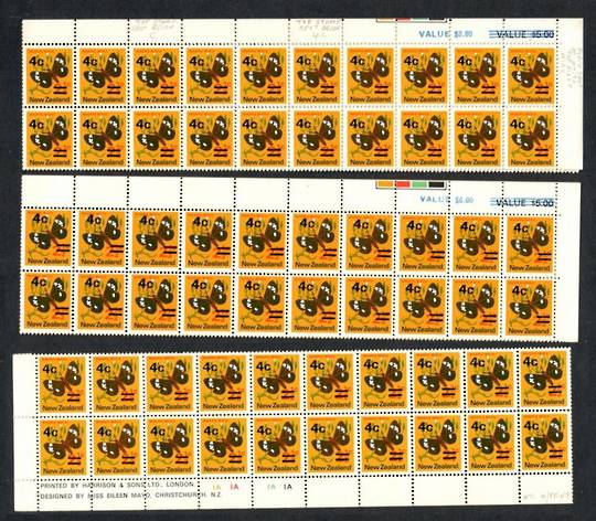 NEW ZEALAND 1971 Pictorial 4c Provisional on the 2½c. Two blocks. The top two rows of two sheets one of which is notated with va
