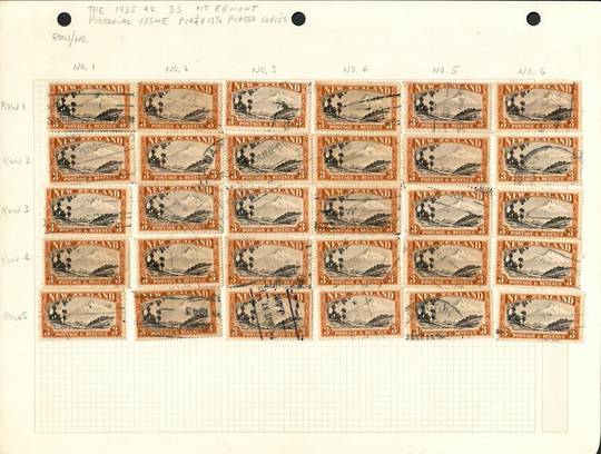 NEW ZEALAND 1935 Pictorials. 2 pages from the collection of Colin Larsen. 3/- Mt Egmont. Perf 14¼ x 13½. completely plated. - 10