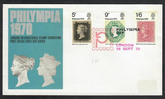 GREAT BRITAIN 1970 Philympia '70 International Stamp Exhibition. Set of 3 on first day cover. - 135203 - FDC