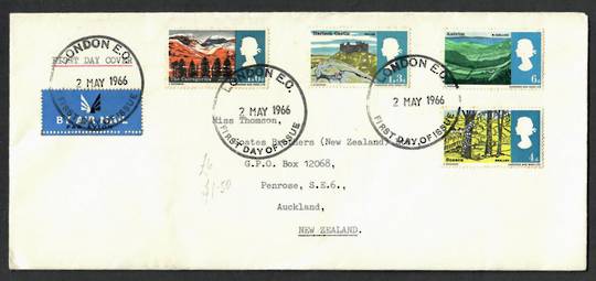 GREAT BRITAIN 1966 Landscapes. Set of 4 on first day cover. Airmail to New Zealand. - 137105 - FDC