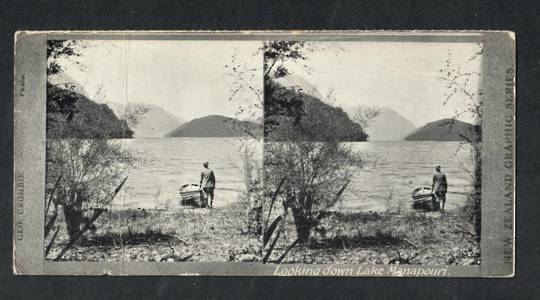 Stereo card New Zealand Graphic series. Looking down Lake Manapouri. - 140026 - Postcard