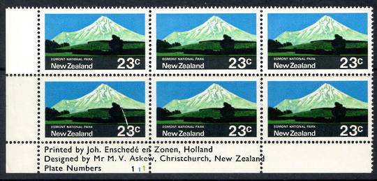 NEW ZEALAND 1970 Pictorial 23c Egmont National Park Black Blue and Dull Yellow-Green. Plate Block 111. Second printing. Identifi