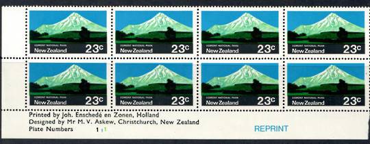 NEW ZEALAND 1970 Pictorial 23c Egmont National Park Black Blue and Emerald Green. Plate Block 111 Reprint. - 15219 - UHM