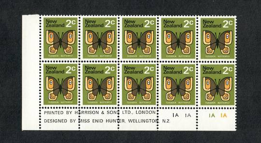 NEW ZEALAND 1970 Pictorial 2c Tussock Butterfly. Plate Block IA 1A 1A 1A.  No watermark. - 15393 - UHM