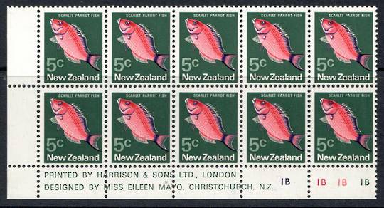 NEW ZEALAND 1970 Pictorial 5c Scarlet Parrot Fish. Plate Block 1B 1B 1B 1B. No watermark. - 15397 - UHM