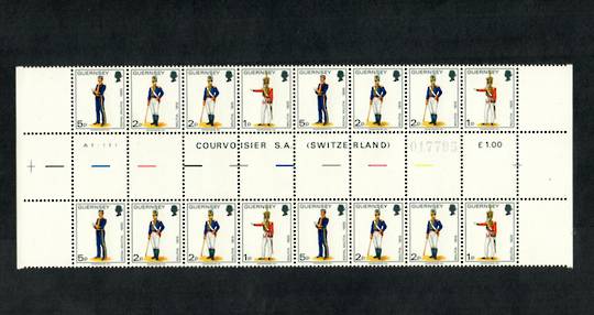 GUERNSEY 1974 Definitives. 4 booklet strips each of 4 in a block separated by gutter from the booklet sheet. Refer note in Stanl