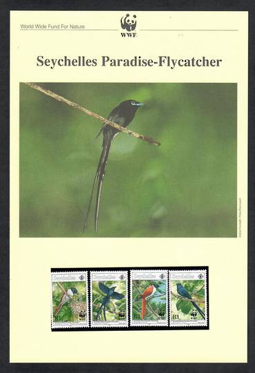 SEYCHELLES 1996 World Wildlife Fund. Paradise Flycatcher. Set of 4 in mint never hinged and on first day covers with 6 pages of