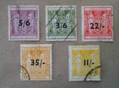 NEW ZEALAND 1939  Surcharges on fiscals set of 5. All postally used. Some slight perf imperfections but no thins. A fine set.Cat