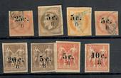 REUNION 1885 Definitives Surcharges. Set of 8. SG 3-6 are fine used but SG 3 has only three margins and a repaired tear. But it