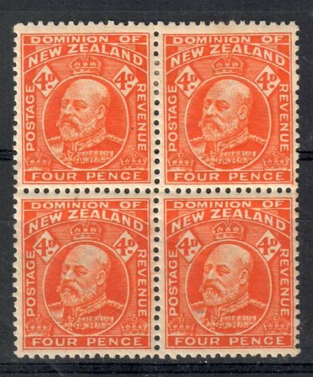 NEW ZEALAND 1909 Edward 7th Definitive 4d Orange-Red. Block of 4. Light hinged at the top. - 20669 - Mixed
