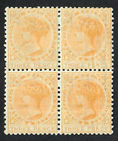 NEW ZEALAND 1882 Victoria 1st Second Sideface 3d Yellow. Perf 12x11½. Block of 4. Top pair hinged. Bottom pair have a mark but i