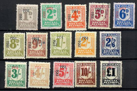 NEW ZEALAND 1951 Wage Tax. 15 values of the set of 17. missing the 3d and £4. Includes 8 mint values including the 8d. - 20688 -