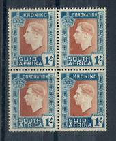 SOUTH AFRICA 1937 Coronation 1/- in block of 4 with the missing hyphen. - 20768 - UHM