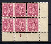 ST LUCIA 1938 Geo 6th Definitive 3/- Bright Purple. Plate Block of 6. (Plate 1). - 20921 - UHM