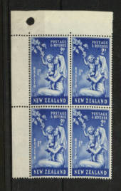 NEW ZEALAND 1949 Health 2d + 1d Blue. Block of 4. Top left corner of the sheet. Includes Row 1/2 No Dot below the 1d. - 21132 -