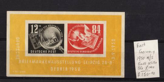 EAST GERMANY 1950 Philatelic Exhibition DEBRIA. Miniature sheet with SG E4 and E19. Lightly hinged but good quality. Scott cat v