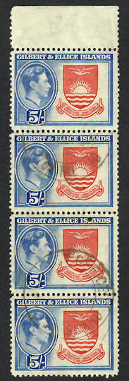 GILBERT & ELLICE ISLANDS 1939 Geo 6th Definitive 5/- Deep Rose-Red and Royal Blue in strip of 4. - 21751 - FU