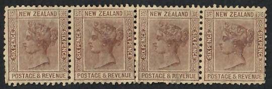 NEW ZEALAND 1882 Victoria 1st Second Sideface 6d Brown. Perf 11. Strip of 4 mint with no gum. Middle Perf line partly broken the