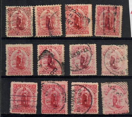 NEW ZEALAND 1901 1d Universal. Card with 12 stamps,only 1 duplication. All identified. - 21826 - Used