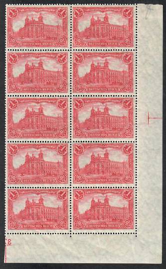 GERMANY 1905 Definitive 1m Bright Rose-Red. Right lower Block of 10. Excellent condition. Watermark Lozenges. Perf 14½x14 (25x17
