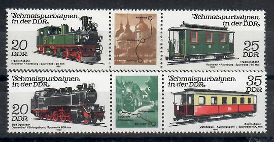 EAST GERMANY 1980 Narrow Guage Railways. First series. Set of 4 in joined pairs with centre labels. - 22110 - UHM