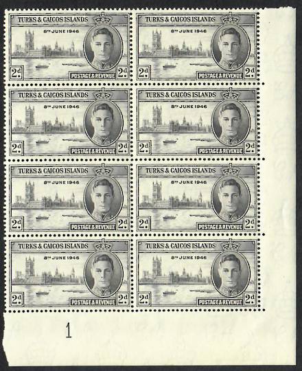 TURKS & CAICOS ISLANDS 1946 Victory. Set of 2 in Plate Blocks of 8. Very lightly hinged. - 23015 - LHM