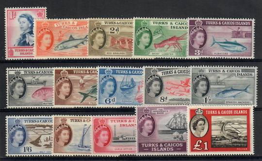 TURKS & CAICOS ISLANDS 1957 Elizabeth 2nd Definitives. Set of 15 including SG 253 the £1. All very lightly hinged. - 23018 - LHM