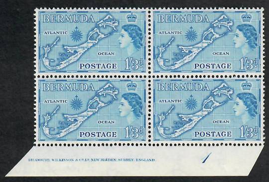 BERMUDA 1953 Elizabeth 2nd Definitive 1/3d Blue. Die 2. Block of 4. Plate 1. - 23045 - UHM