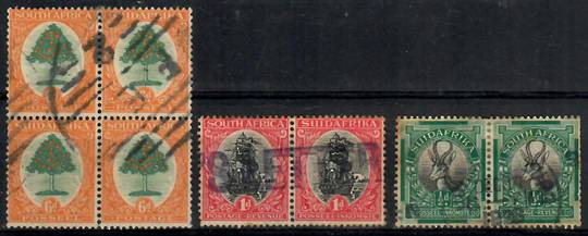 SOUTH AFRICA 1926 Definitives. Set of 3 in joined pairs. The 6d is a block of 4. Identified by the late John Tommy as London pri