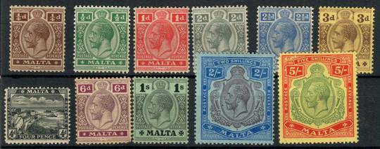 MALTA 1914 Geo 5th Definitives. Set of 12 LESS the 2/6d. - 23229 - Mint