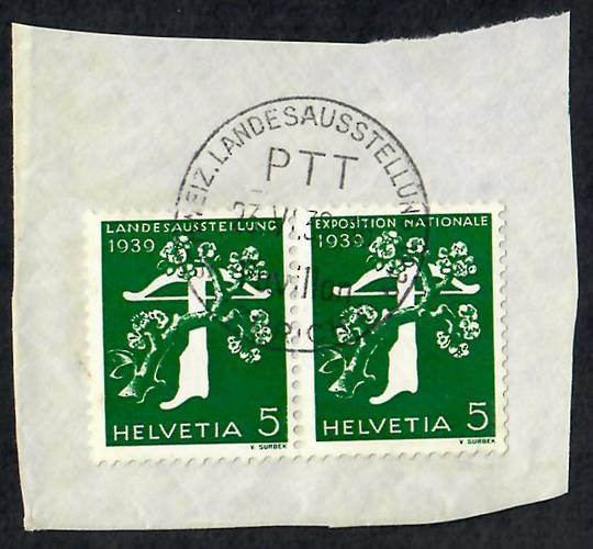 SWITZERLAND 1939 National Exhibition Paris 5c Emerald. Joined pair on piece with special postmark. - 23316 - VFU