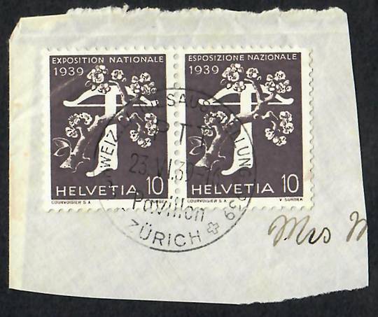 SWITZERLAND 1939 National Exhibition Paris 10c Blackish-Brown. Joined pair on piece with special postmark. - 23317 - VFU