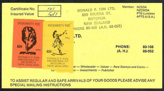 NEW ZEALAND 1991 Donald F Ion Indemnity Fee. Two labels on card. - 23823 - Cinderellas