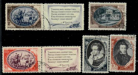 RUSSIA 1949 150th Anniversary of the Birth of Puskin. Set of 5 with the two labels as listed. - 23837 - VFU