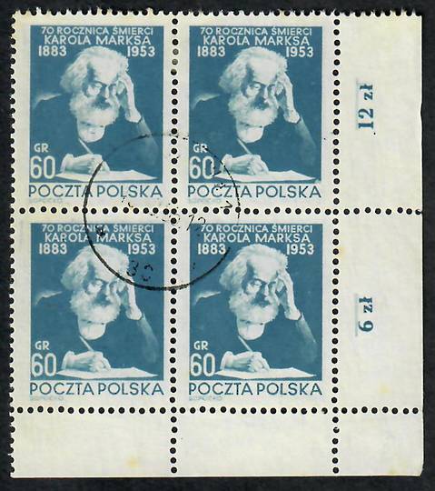 POLAND 1953 70th Anniversary of the Death of Karl Marx. Fine corner block of 4. One of Poland's harder to get stamps. - 23876 -